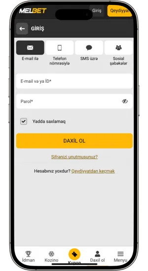 Melbet hesabına daxilolma ekranı