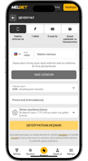 Hesab qeydiyyat forması Melbet